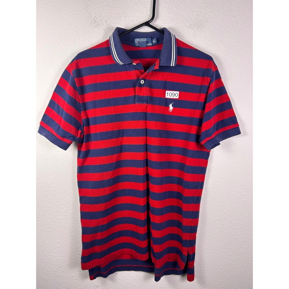 Polo Ralph Lauren Mens Medium Red Navy Blue Striped Short Sleeve Polo Shirt